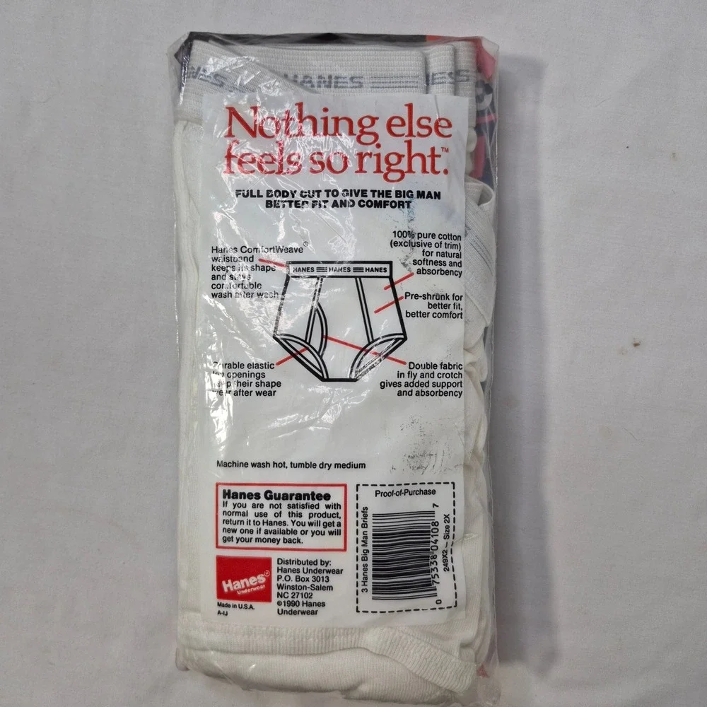NOS Hanes Briefs Mens 2X‎ (46-48) White Big Man 3-Pack Vintage 1990 Made in USA